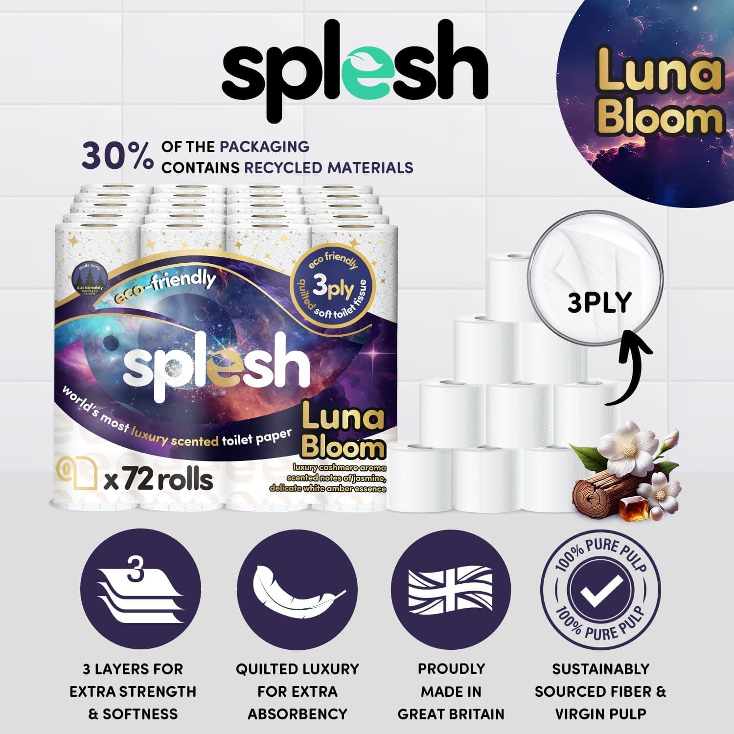 Splesh by Cusheen Toilet Roll 72 Rolls - Luna Bloom Cashmere Scent with White Amber Essence, Bulk Family Pack | Soft 3 Ply Luxury Bathroom Tissue Loo Rolls | Eco-Friendly, Sustainable Toilet Paper : Amazon.co.uk: Grocery