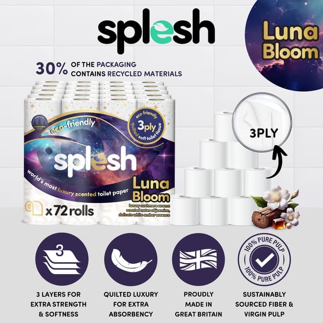 Splesh by Cusheen Toilet Roll 72 Rolls - Luna Bloom Cashmere Scent with White Amber Essence, Bulk Family Pack | Soft 3 Ply Luxury Bathroom Tissue Loo Rolls | Eco-Friendly, Sustainable Toilet Paper : Amazon.co.uk: Grocery