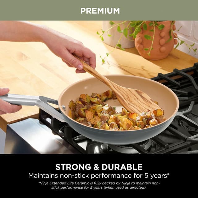 Amazon.co.ukNinja Extended Life 28cm Ceramic Frying Pan, Non-Stick (No PFAs, PFOAs, Lead or Cadmium), Induction Compatible, Stainless Steel Handle, Oven Safe to 285°C, Grey & Terracotta, CW90028EUUKDB
