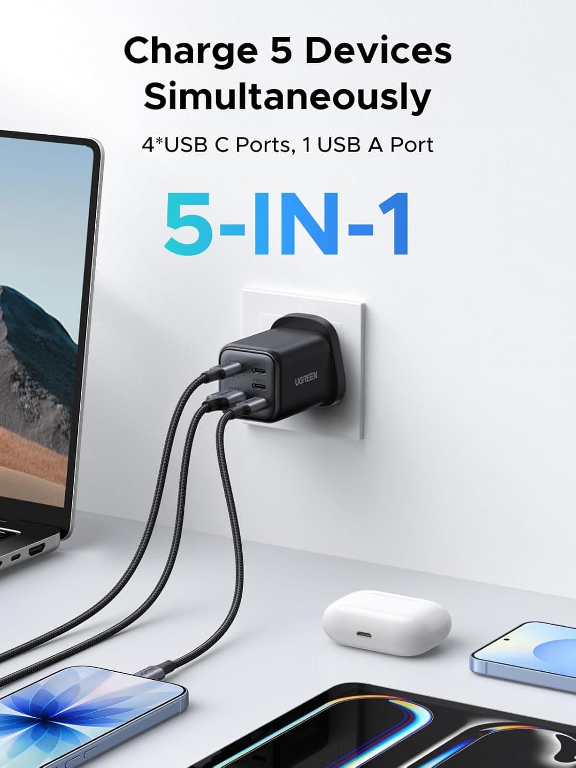 UGREEN 45W USB C Charger Plug, 5-Port GaN Fast Charging Adapter for iPhone 17/16/15/15 Pro/14/13/12, iPad, Galaxy S25/S24/S23, Pixel 9 etc