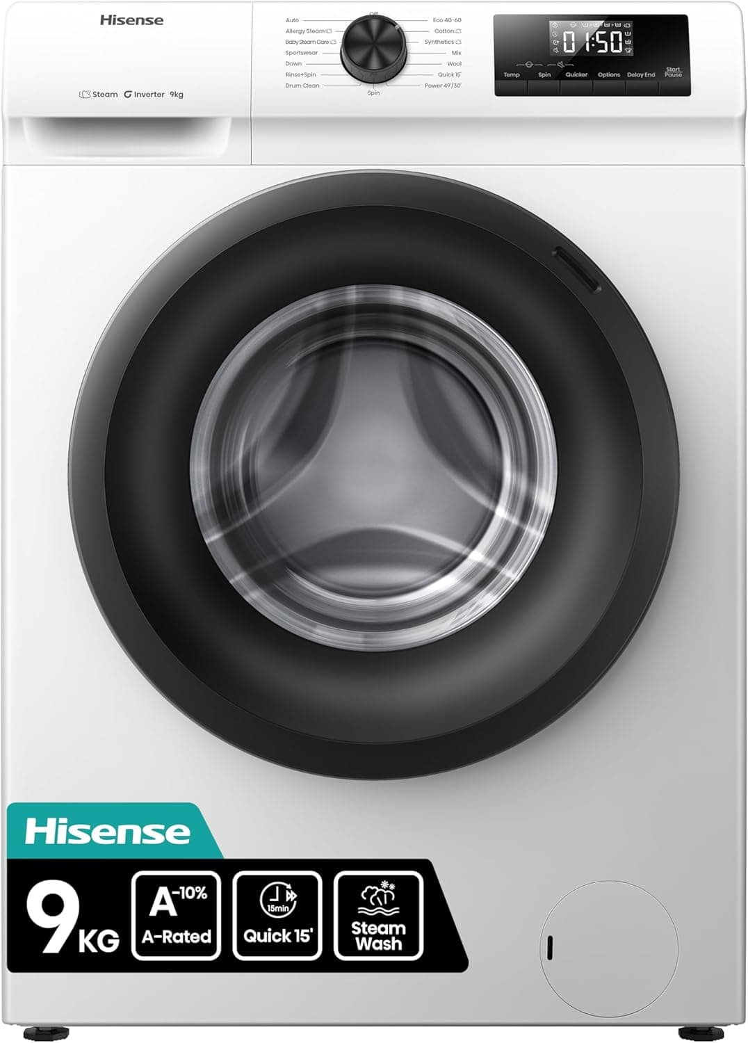 Hisense 1Q Series WF1Q9041BW Freestanding 9 KG Front Load Washing Durable Inverter Machine, Steam Wash, Quick Wash, 15 Washing Programs 1400 RPM White - Energy Rating A