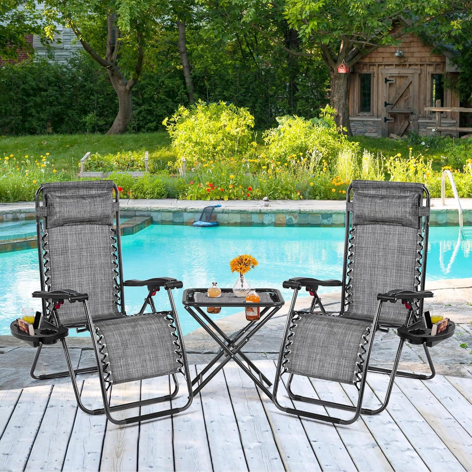 Yaheetech 3PCS Zero Gravity Recliner Portable Foldable Outdoor Sunlounger Table Set w/Pillow & Carry Strap for Patio Deck Garden Pool Gray : Amazon.co.uk: Garden
