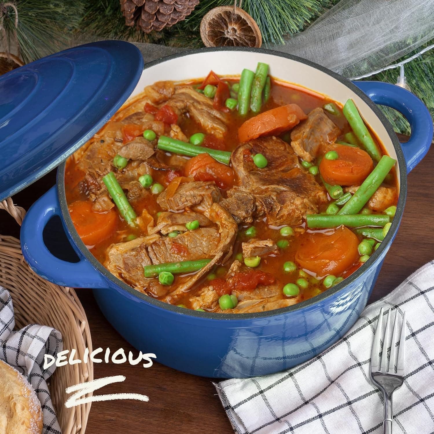 Overmont 26cm/5.2L Enamelled Cast Iron Round Casserole Dish with Lid,5.5QT, Cookbook -Non-Stick Dutch Oven for Braising, Stews, Roasting, Bread Baking