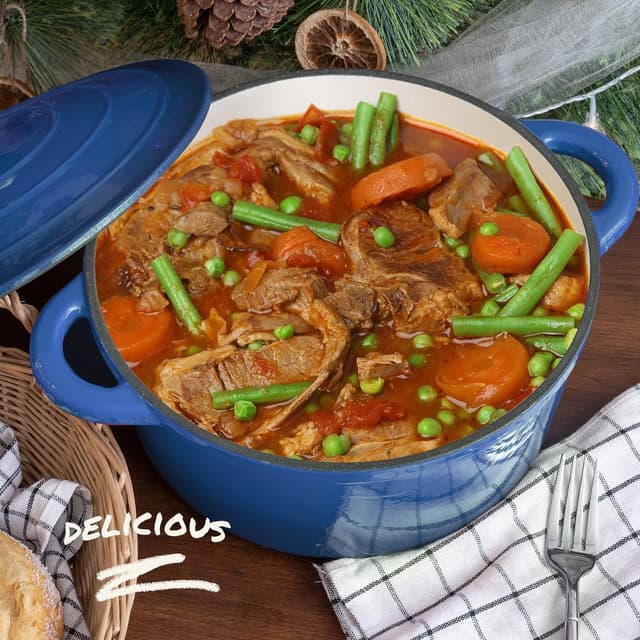 Overmont 26cm/5.2L Enamelled Cast Iron Round Casserole Dish with Lid,5.5QT, Cookbook -Non-Stick Dutch Oven for Braising, Stews, Roasting, Bread Baking