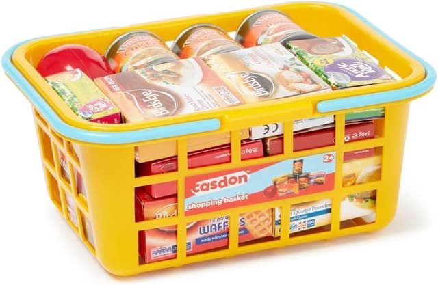 Casdon 62801.AMA002 Colourful Toy Shopping Basket for Children Aged 2+ | Comes with Miniature Versions of Popular Branded Foods, Yellow
