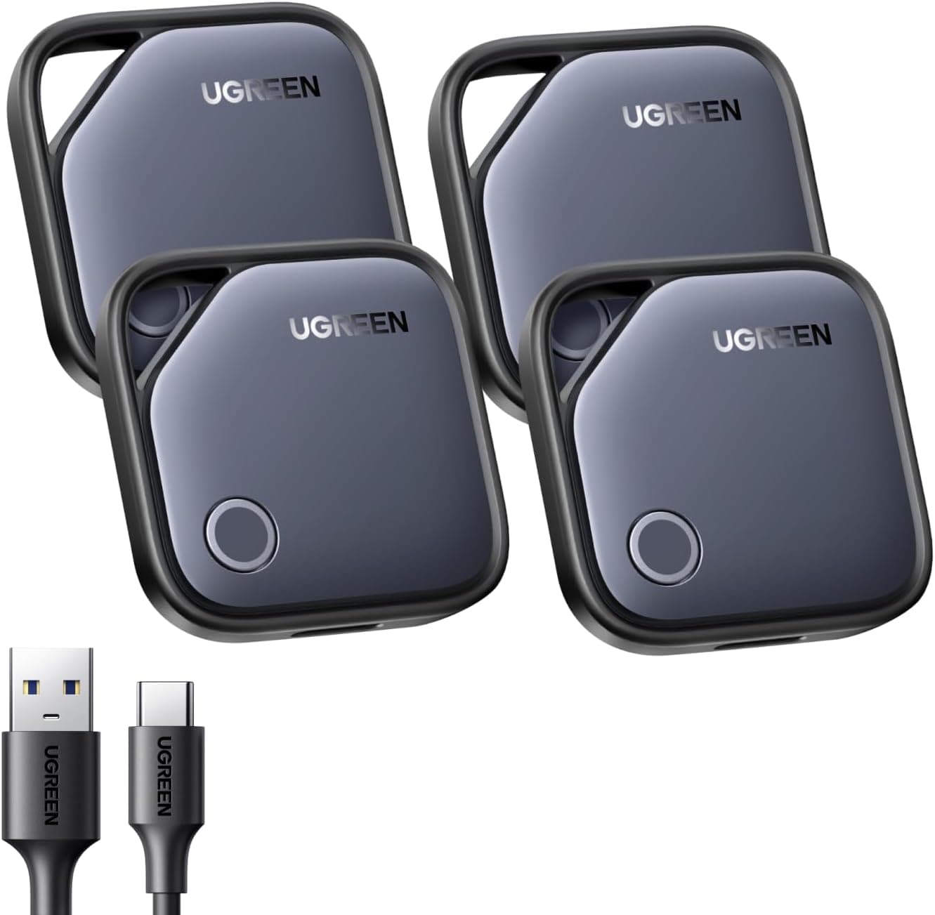UGREEN FineTrack (4 Pack) supports USB C Charging, Compatible with Apple Find My (iOS only), One charge for 12 months Bluetooth Tracker Tag, Finder for Keys, Wallet, Luggage, Suitcase and More