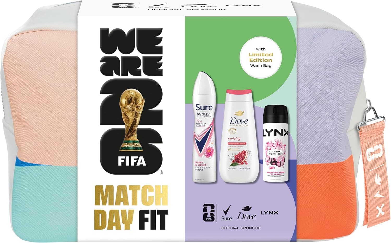 Dove, Lynx, Sure Washbag for Her Gift Set with an advanced anti-perspirant, body wash, body spray & a limited edition wash bag Match Day Fit for her 3 pc