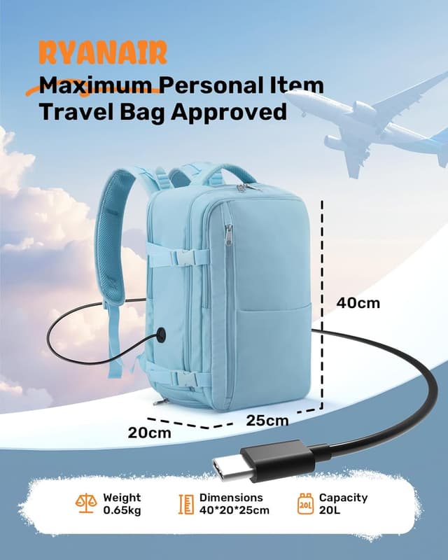 Samfolk Cabin Bags for Ryanair 40x20x25 Underseat Travel Bag 12 Pockets Hand Luggage Bag Cabin Bag with Separate Shoe Pocket for Women & Men Carry on Bag with Anti-theft Pockets (Blue, 40x20x25)