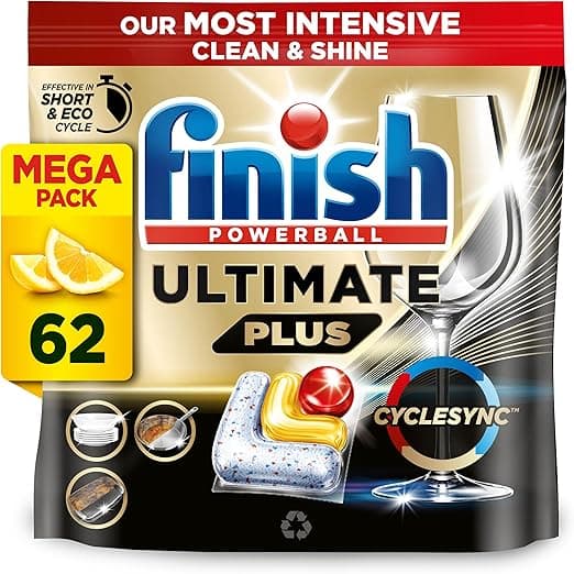 Finish Dishwasher Tablet, Ultimate Plus, 62 Detergent Tablets, Lemon Sparkle, Tough on Grease, For our Most Intensive Clean & Diamond Shine, Effective for Short Eco Cycle