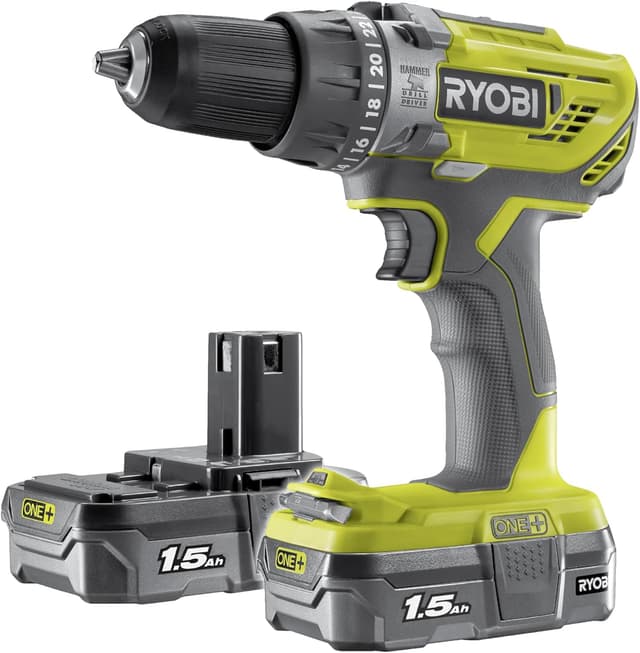 RYOBI 18 V ONE plus Cordless Combi Drill Starter Kit, Hyper Green, With 2 x 1.5 Ah Batteries