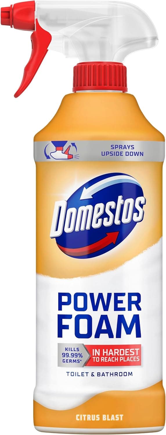 Domestos Power Foam Citrus Blast Toilet & Bathroom Cleaner Spray sprays upside down & eliminates 99.99% of germs* for cleaning inside the toilet & around the bathroom 450 ml : Amazon.co.uk: Grocery