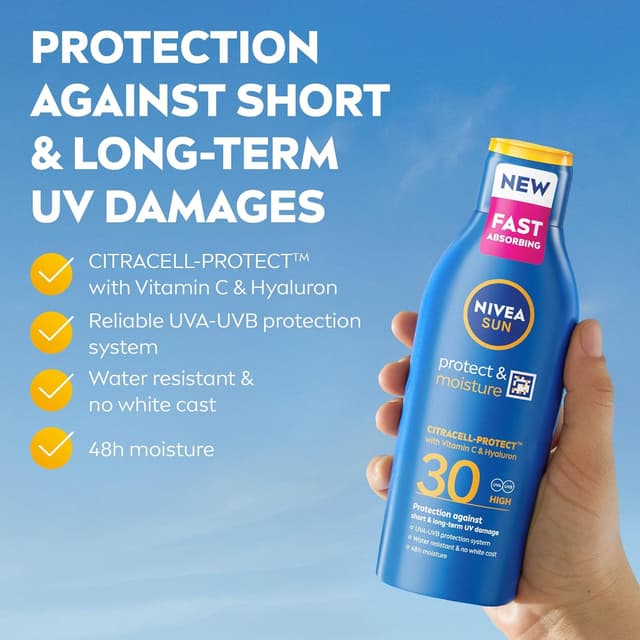NIVEA SUN Protect & Moisture Sun Lotion SPF 30 (200 ml), Suncream with Vitamin C and Hyaluron, Provides 48H Moisture & Immediate UVA & UVB Protection, Fast-Absorbing No White Cast Formula : Amazon.co.uk: Beauty