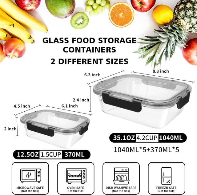 MEETOZ 10 Pack Glass Meal Prep Containers, Airtight Glass Food Containers, Stackable Glass Food Storage Containers Set with Lids,BPA-Free, for Microwave, Oven, Freezer and Dishwasher : Amazon.co.uk: Home & Kitchen