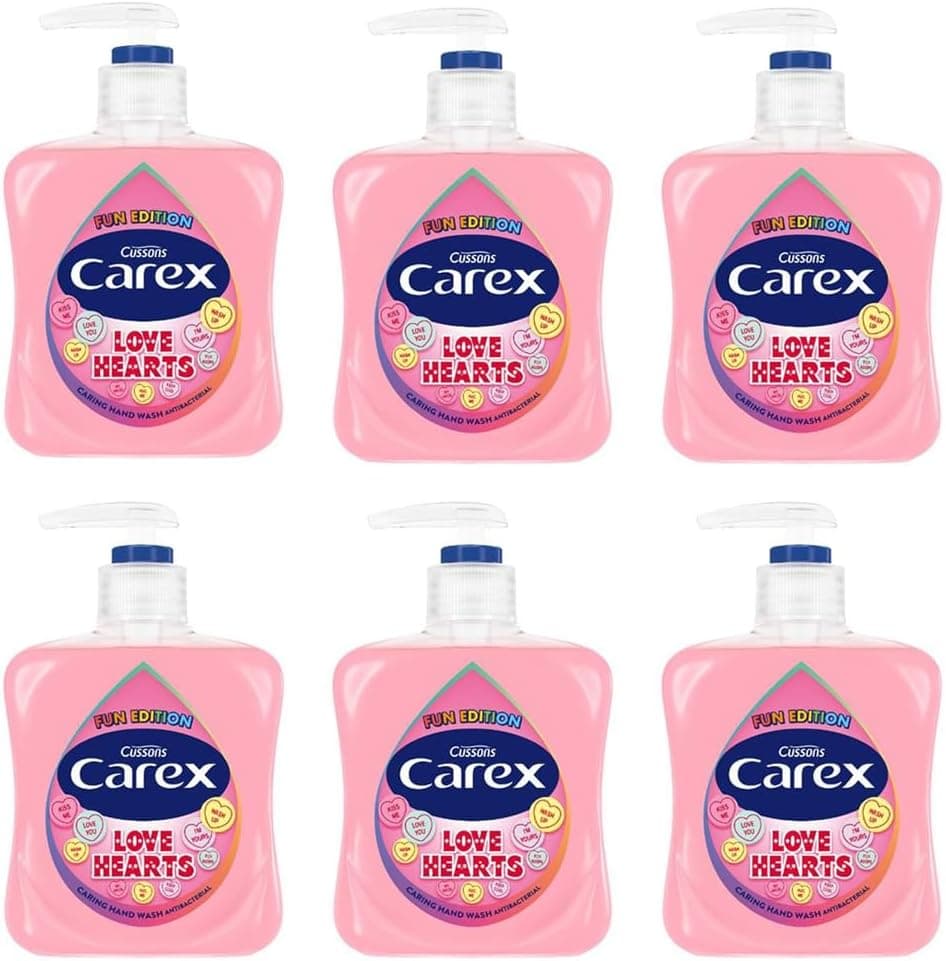 Carex Fun Editions Love Hearts Hand Wash Pack of 6, Antibacterial Hand Soap with Fun Edition Swizzles Love Hearts Fragrance, Soap that Cleans, Cares and Protects, 250ml : Amazon.co.uk: Beauty
