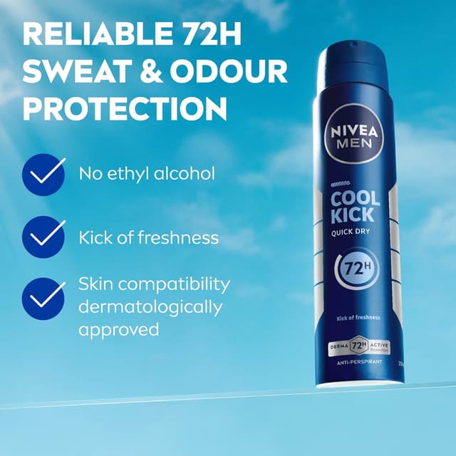 NIVEA MEN Cool Kick Spray Anti-Perspirant (250ml), Deodorant Spray for 72H Protection, Men's Sweat Block Aerosol with Cool-Care Formula : Amazon.co.uk: Beauty