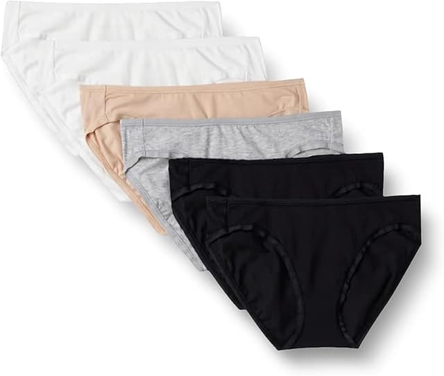 Cotton Bikini Brief Underwear (Available in Plus Size), Pack of 6, Black/Grey Heather/Light Pink/White, 14