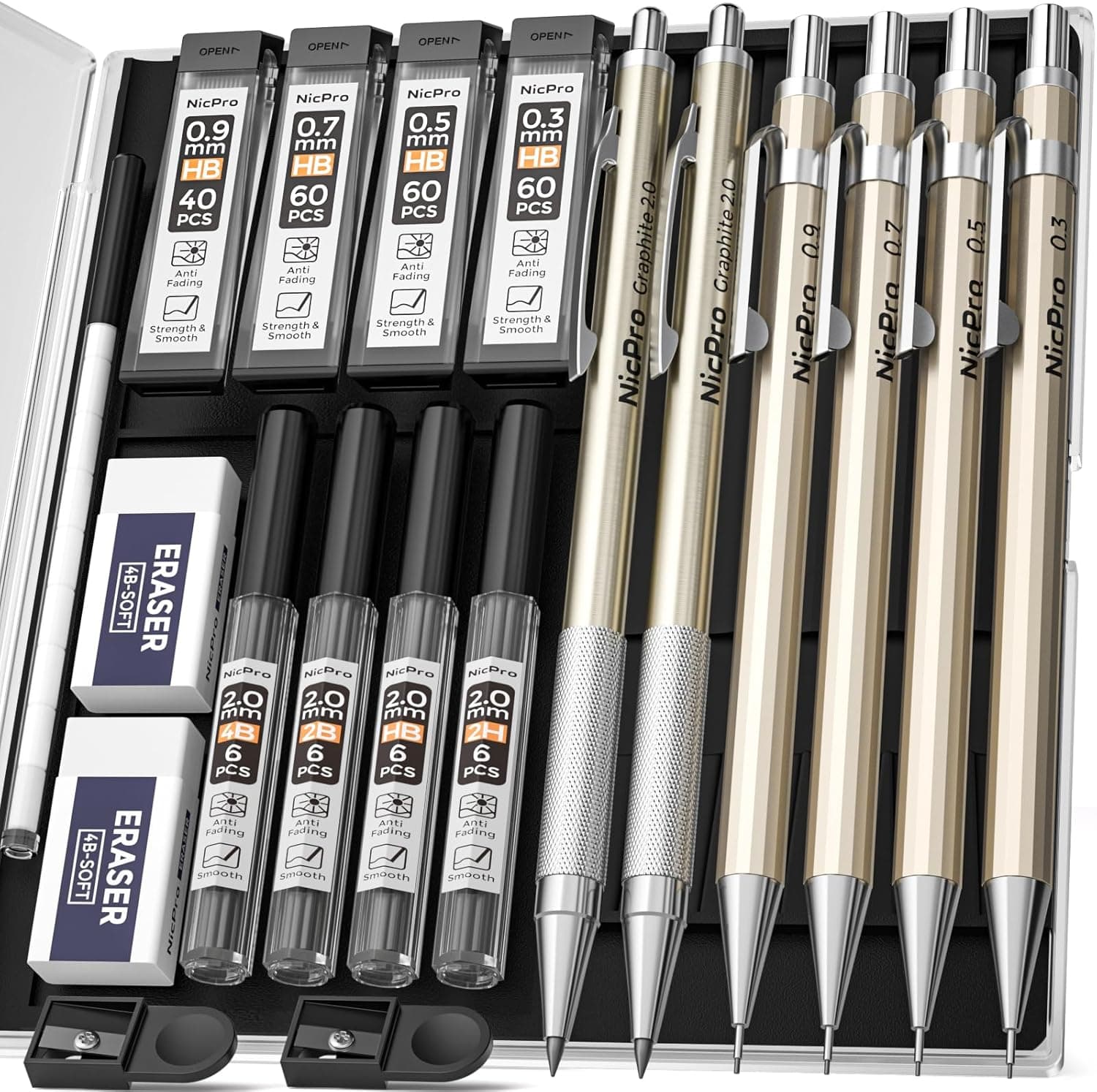 Nicpro 6PCS Metal Mechanical Pencils Set, Propelling Drafting Pencil 0.3 & 0.5 & 0.7 & 0.9 mm, 2PCS 2mm Lead Holder(2B HB 2H 4B) For Art Writing Sketching Drawing With 8 Tube Lead Refills Erasers Case : Amazon.co.uk: Stationery & Office Supplies