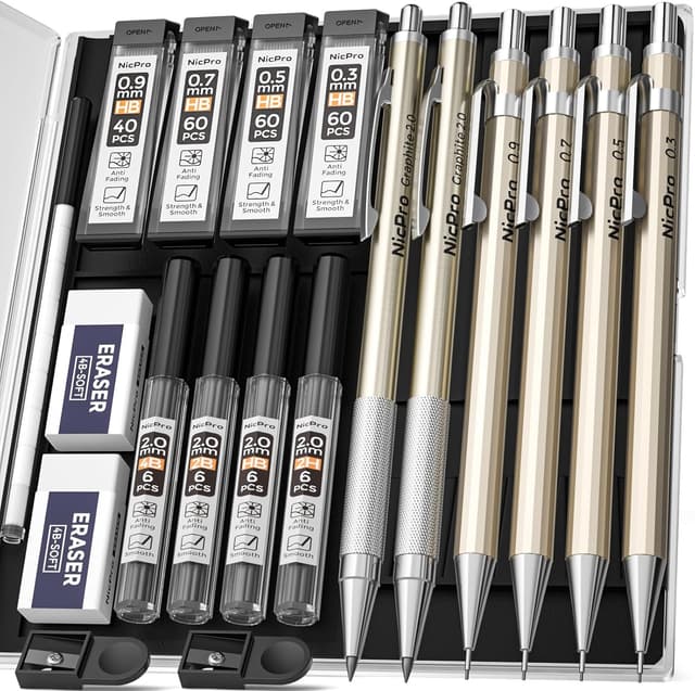Nicpro 6PCS Metal Mechanical Pencils Set, Propelling Drafting Pencil 0.3 & 0.5 & 0.7 & 0.9 mm, 2PCS 2mm Lead Holder(2B HB 2H 4B) For Art Writing Sketching Drawing With 8 Tube Lead Refills Erasers Case : Amazon.co.uk: Stationery & Office Supplies