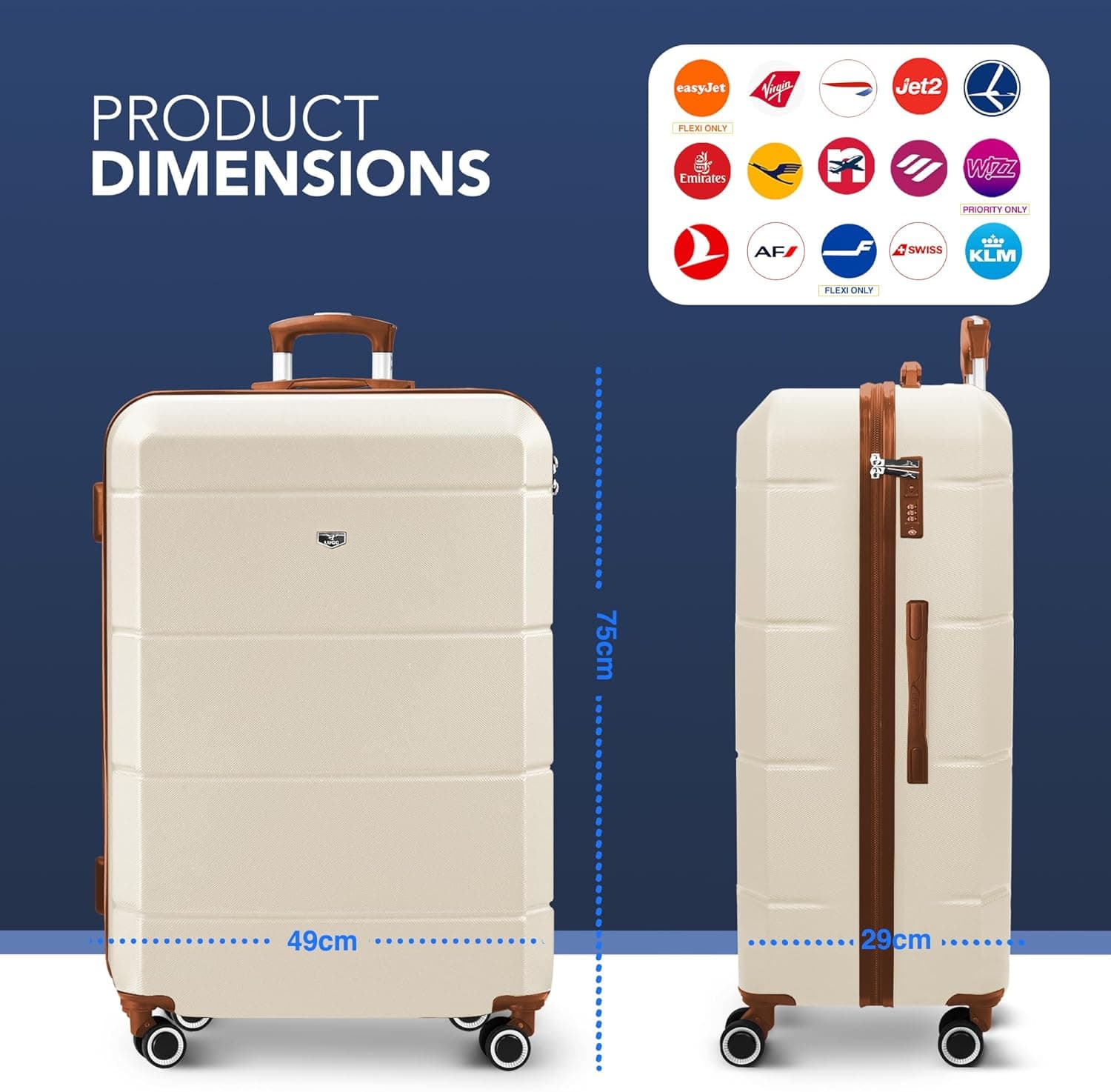 LUGG 28 Inch Jetset Suitcase Hard Shell Case 4 Wheel Travel bag Lightweight ABS Material with TSA Lock Approved for Travel with easyJet, British Airways, RyanAir, Virgin Atlantic, Emirates(75x49x29cm) : Amazon.co.uk: Fashion