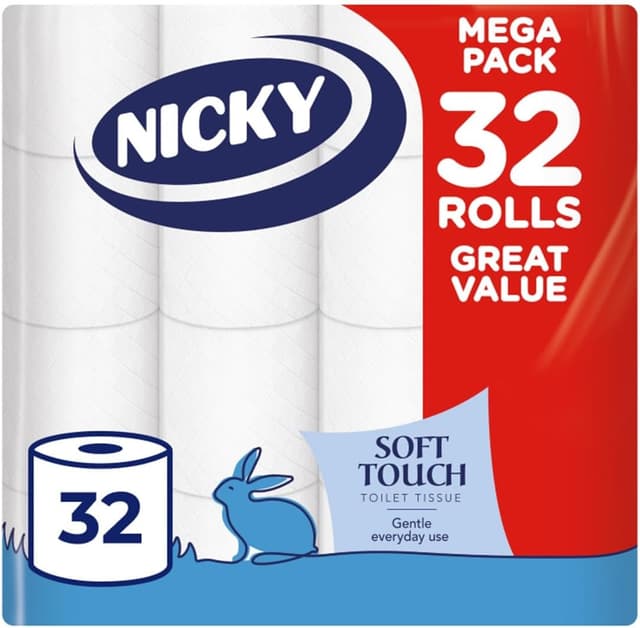 Nicky Soft Touch Toilet Tissue - 32 Rolls of Extra Gentle White Toilet Paper, 190 Sheets per Roll, 2-ply, Soft Tissue, Modern Embossing, Easy Opening, 100% FSC Certified Paper