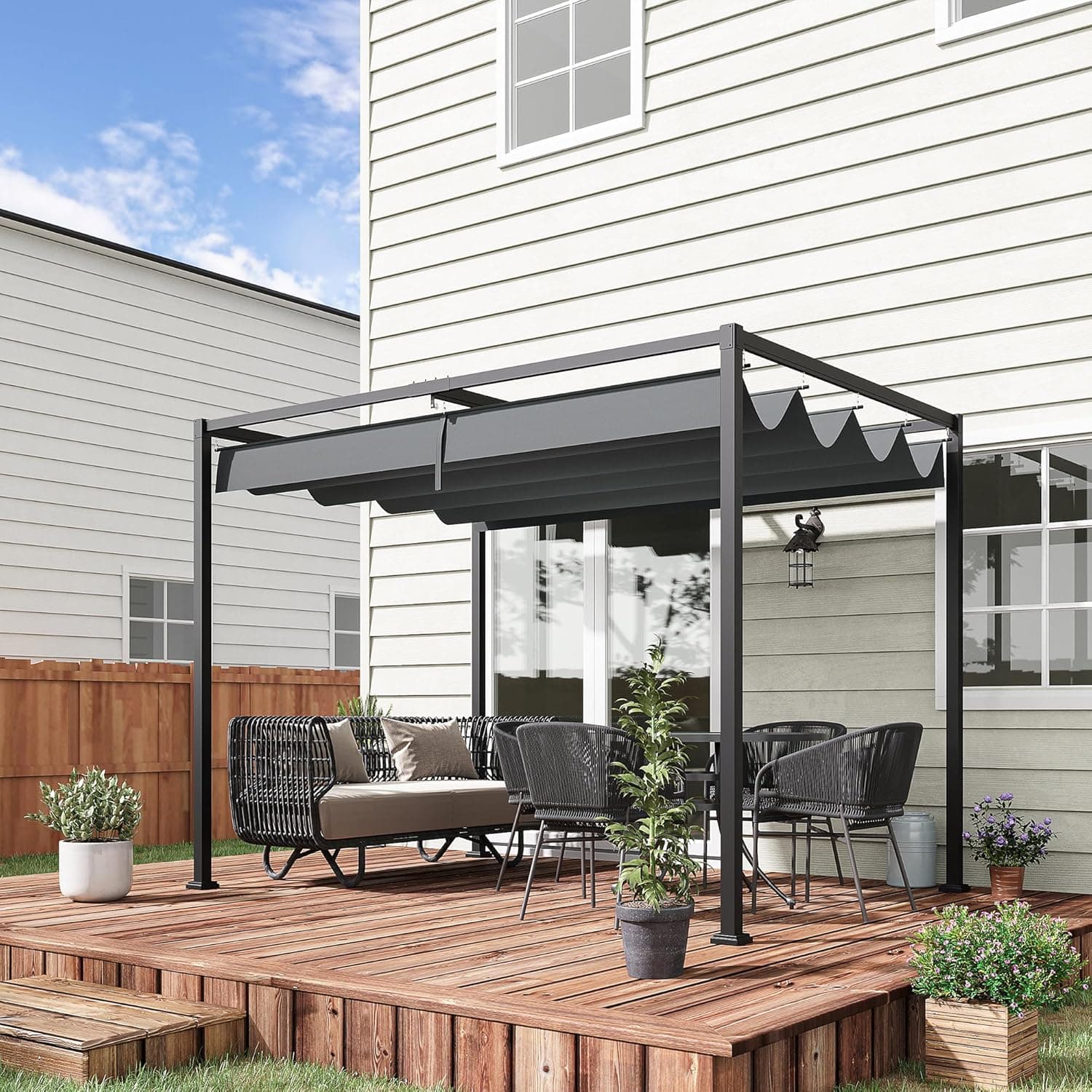 Outsunny 3 x 2m Metal Outdoor Pergola with Retractable Roof, Outdoor Gazebo Canopy Shelter with Drainage Holes for Garden, Patio, Lawn, Grey : Amazon.co.uk: Garden