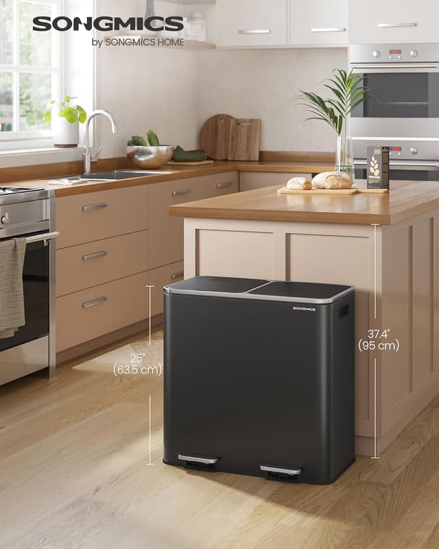 SONGMICS Dual Rubbish Bin, Metal Recycling Bin with 15 Rubbish Bags, 2-Compartment, with Lids, Pedals, Plastic Inner Buckets, Soft Closure, 2 x 10.6 Gallons (2 x 40 L), Black LTB730B82