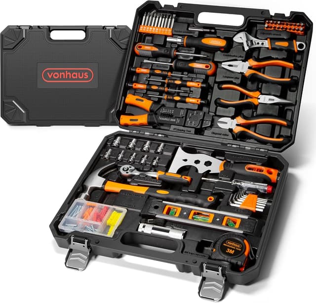 VonHaus Tool Kit - Ultimate 120 pcs Tool Box - Includes Hand Tools, LED Torch, Hex Keys, 3m Tape Measure & More - Comprehensive DIY Kits for Home, Perfect for Beginners - Includes Carry Case