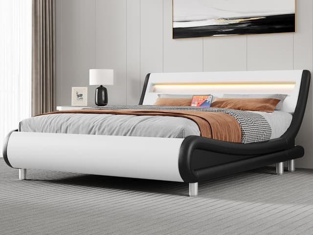 YITAHOME King Size Bed Frame,Upholstered Led with Lights & Storage Charging Station,Platform Bed Frame with Pu Leather/No Box Spring Needed,White and Obsidian Black : Amazon.co.uk: Home & Kitchen