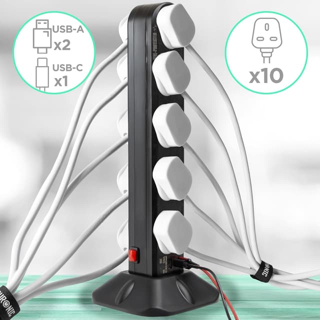 Duronic Surge Protected Extension Lead with USB ST10B Tower Extension Leads 10 Way Multi Plug Power Adapter for UK Plugs Long Black Extension Cords Power Strip Multiplug Socket for Home Office Kitchen: Amazon.co.uk: Electronics & Photo