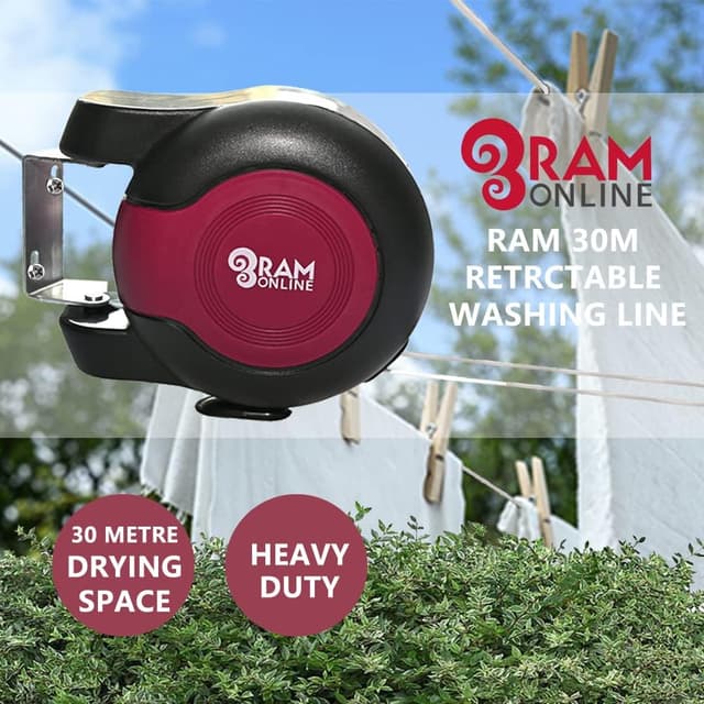 Ram® 30 metre Retractable Reel Clothes Lines Washing Line with Twin Cable - Wall Mounted Heavy Duty Clothes Dryer 2 x 15m Lines of Drying Space, Burgundy : Amazon.co.uk: Home & Kitchen