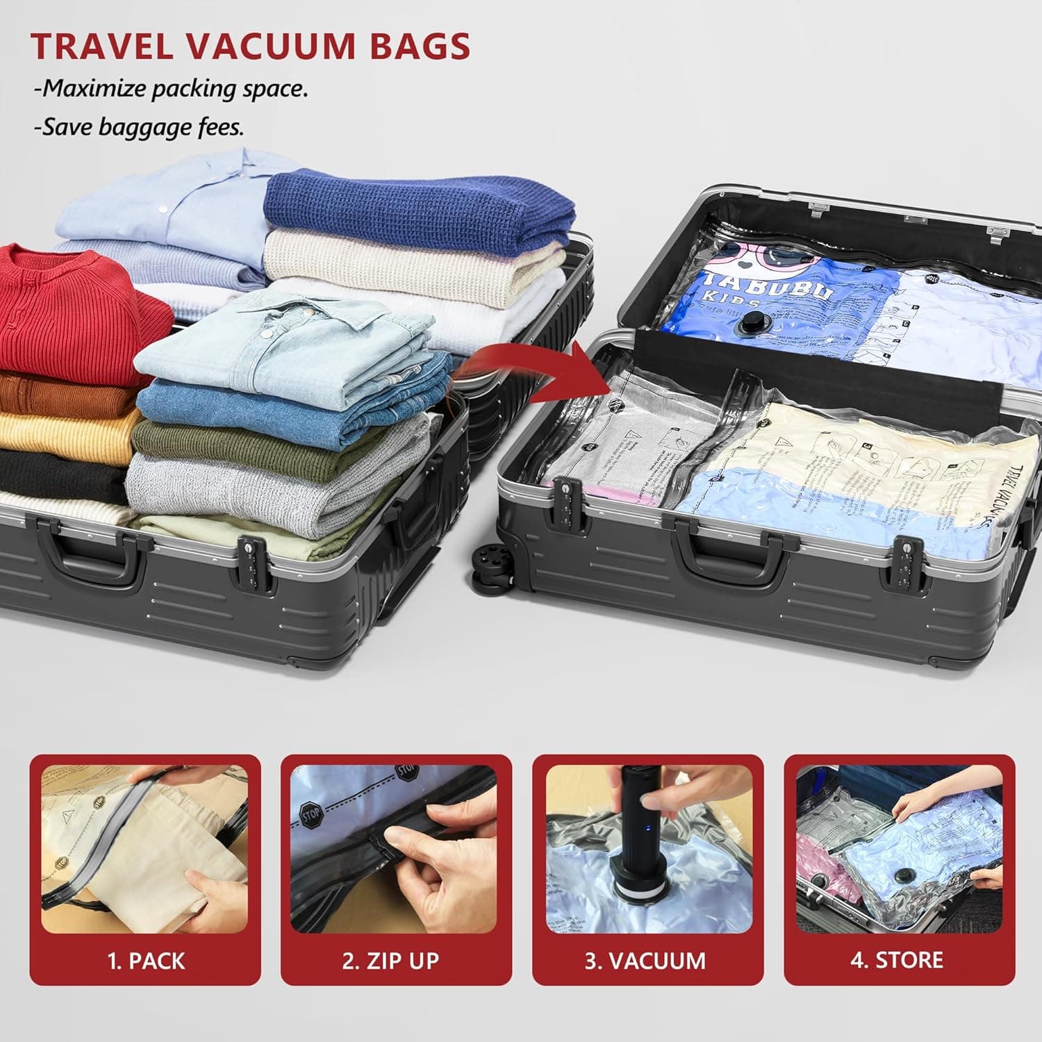Vacuum Seal Bags for Travel with Rechargeable Pump, 18 Pack Carry on Compression Packing Bags for Luggage, Backpack and Suitcase, Space Saver Storage Organizer for Clothing Clothes : Amazon.co.uk: Home & Kitchen