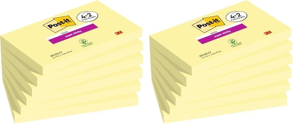 Post-it Super Sticky Notes, Canary Yellow, 76 mm x 127 mm, 90 Sheets/Pad, 4 + 2 Free Pads/Pack (Pack of 2) : Amazon.co.uk: Stationery & Office Supplies