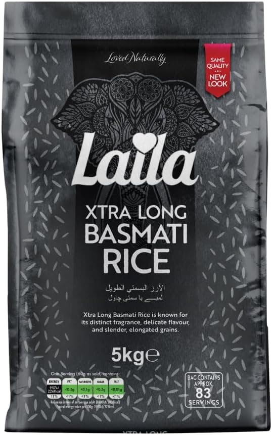 Laila Extra Long Grain Rice 5 Kg - 100% Gluten Free - Extra Long Grain White Basmati Rice with Aroma Fragrant, Package May Vary : Amazon.co.uk: Grocery