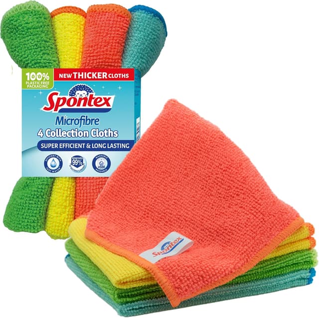 Spontex Microfibre Cloths for Cleaning | 4 Microfibre Collection Cleaning Cloths | For Use as Dusters, Dish Cloths & Kitchen Towels | 30 x 30cm | Assorted Colours | 4 Count