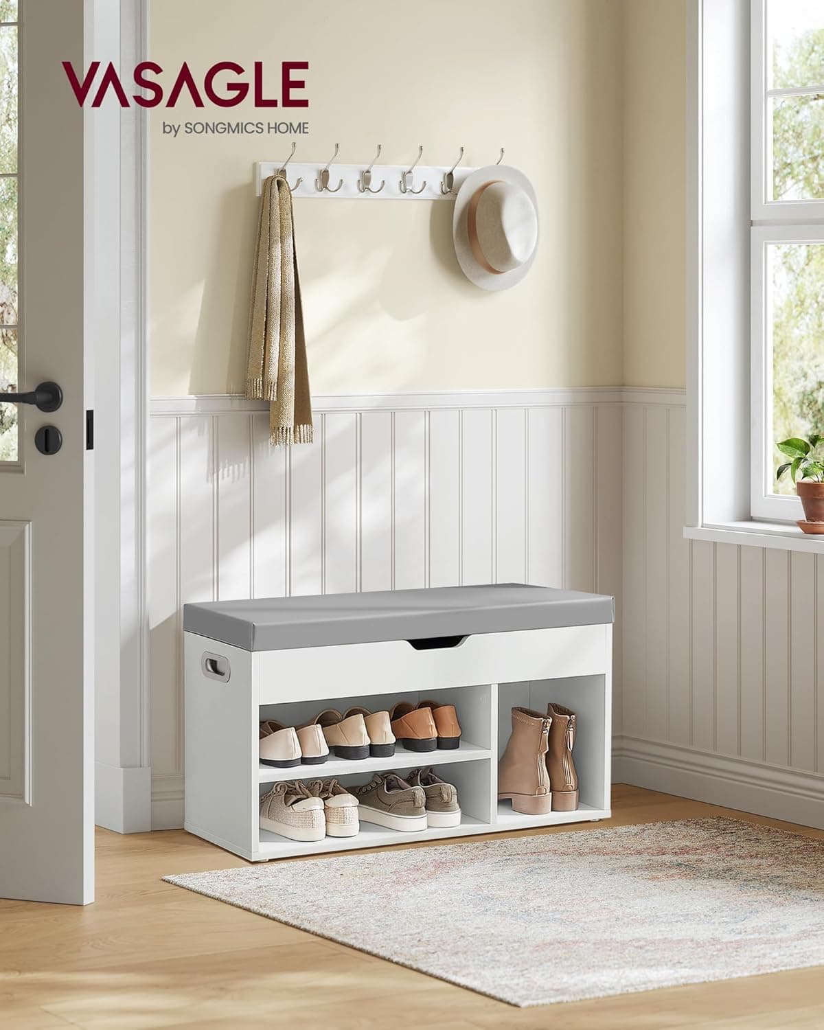 VASAGLE Shoe Bench with Cushion, Storage Bench with Padded Seat, 3 Compartments, Hidden Storage, Shelves, Living Room Lounge Hallway Bedroom, Load Capacity 150 kg, Cloud White LHS030W02 : Amazon.co.uk: Home & Kitchen