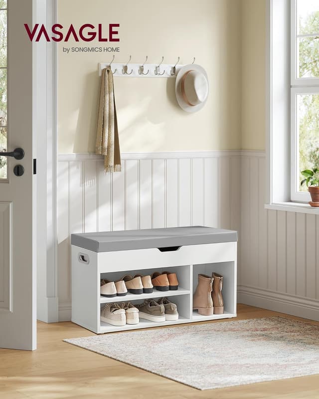 VASAGLE Shoe Bench with Cushion, Storage Bench with Padded Seat, 3 Compartments, Hidden Storage, Shelves, Living Room Lounge Hallway Bedroom, Load Capacity 150 kg, Cloud White LHS030W02 : Amazon.co.uk: Home & Kitchen