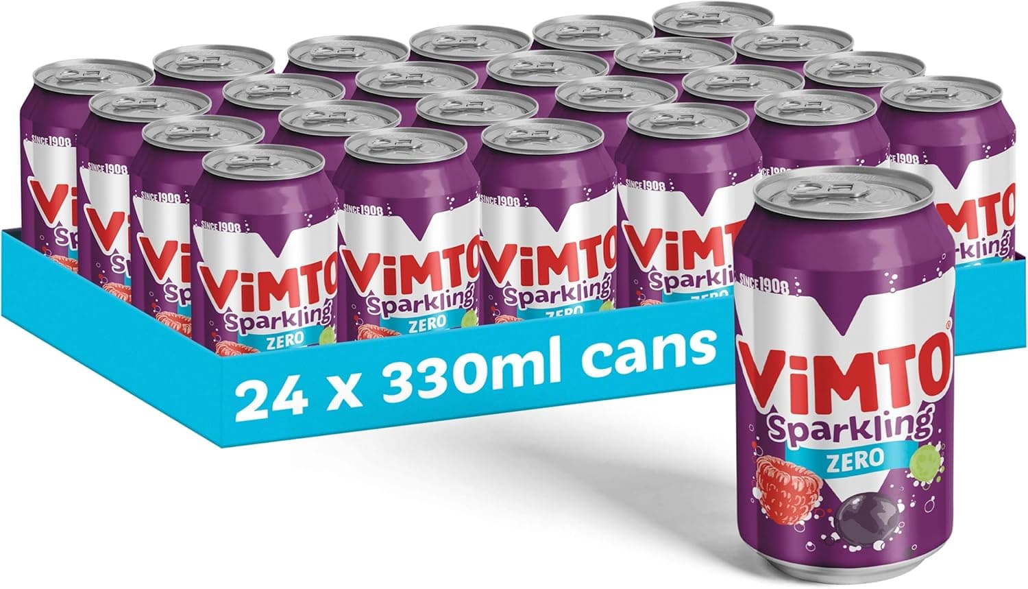Vimto Original Real Fruit, Blackcurrant, Grape & Raspberry - No Added Sugar Fizzy Fruity Soft Drink - Multipack Cans (24 X 330ml)