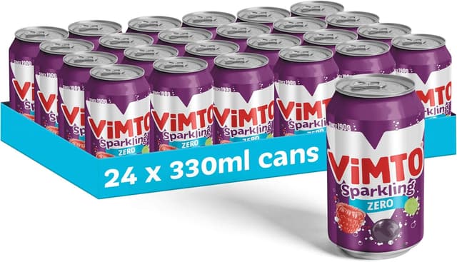 Vimto Original Real Fruit, Blackcurrant, Grape & Raspberry - No Added Sugar Fizzy Fruity Soft Drink - Multipack Cans (24 X 330ml)