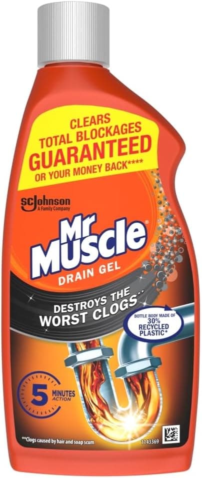 Mr Muscle Drain Unblocker, Sink & Drain Cleaner (500ml), Up to 1 Use, Fast Acting Heavy Duty Drain Gel, Dissolves Clogs, Works 3x Better Than Bleach, Safe for All Pipes