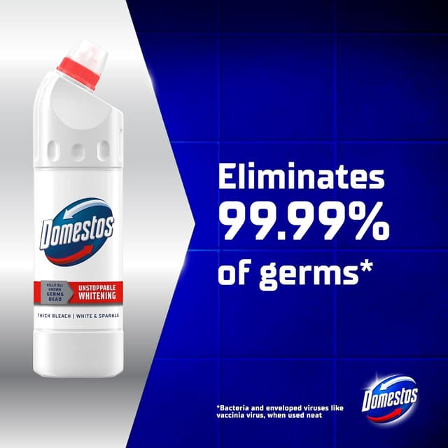 Domestos White & Sparkle Thick Bleach disinfectant that eliminates 99.99% of bacteria and viruses* unstoppable whitening power 750 ml : Amazon.co.uk: Grocery