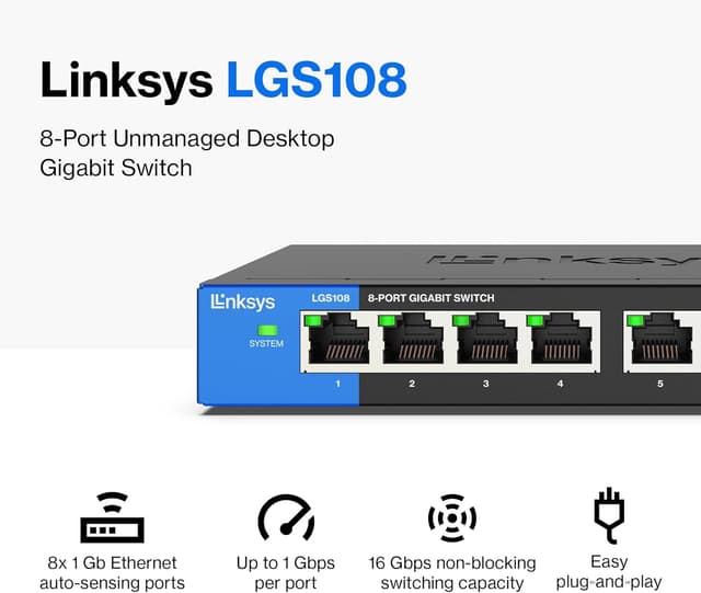 Linksys LGS108 Business 8 Port Desktop Gigabit Unmanaged Network Switch