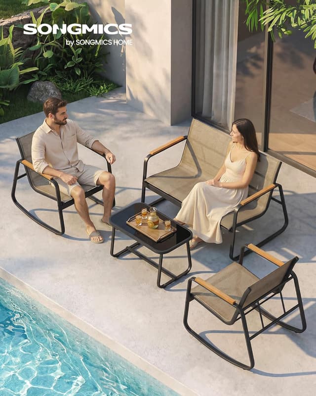 SONGMICS Garden Furniture Set, Patio Furniture, 2 Rocking Chairs, Table, Loveseat, Outdoor Furniture, Steel, with Armrests, Breathable Synthetic Fabric, Backyard, Terrace, Light Brown GGF0028KZ01 : Amazon.co.uk: Garden